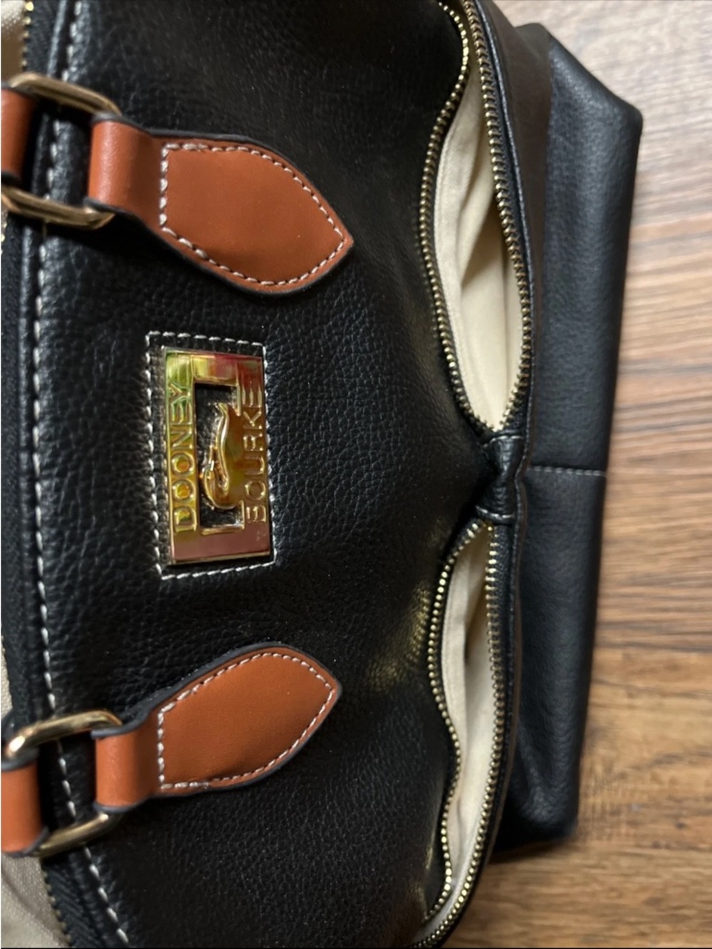 Dooney & Bourke Dillen Double Pocket Satchel in Black w/Caramel Trim - Picture 6 of 7